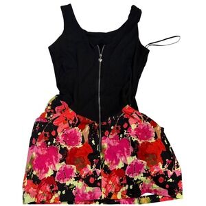 Floral Zip Front Romper Black Pink Red Abstract Print Sleeveless Heart Zipper